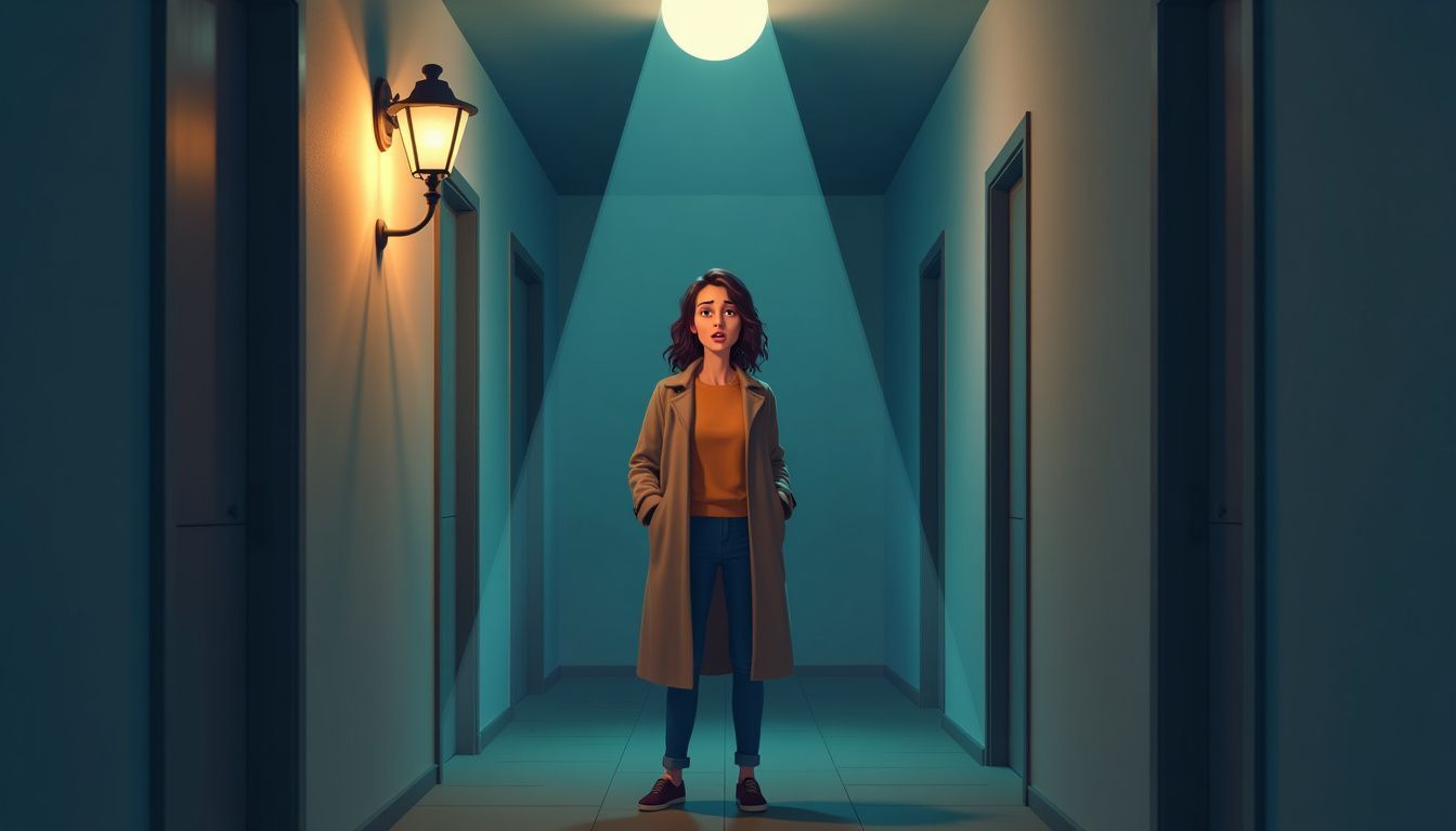 A woman in her 30s stands in a dimly lit hallway at night, looking afraid and curious as a light turns on.