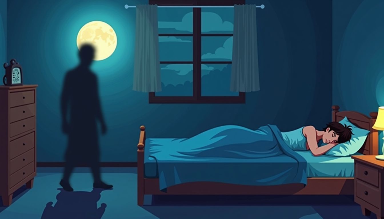 A person peacefully sleeps while a shadowy figure lurks nearby.