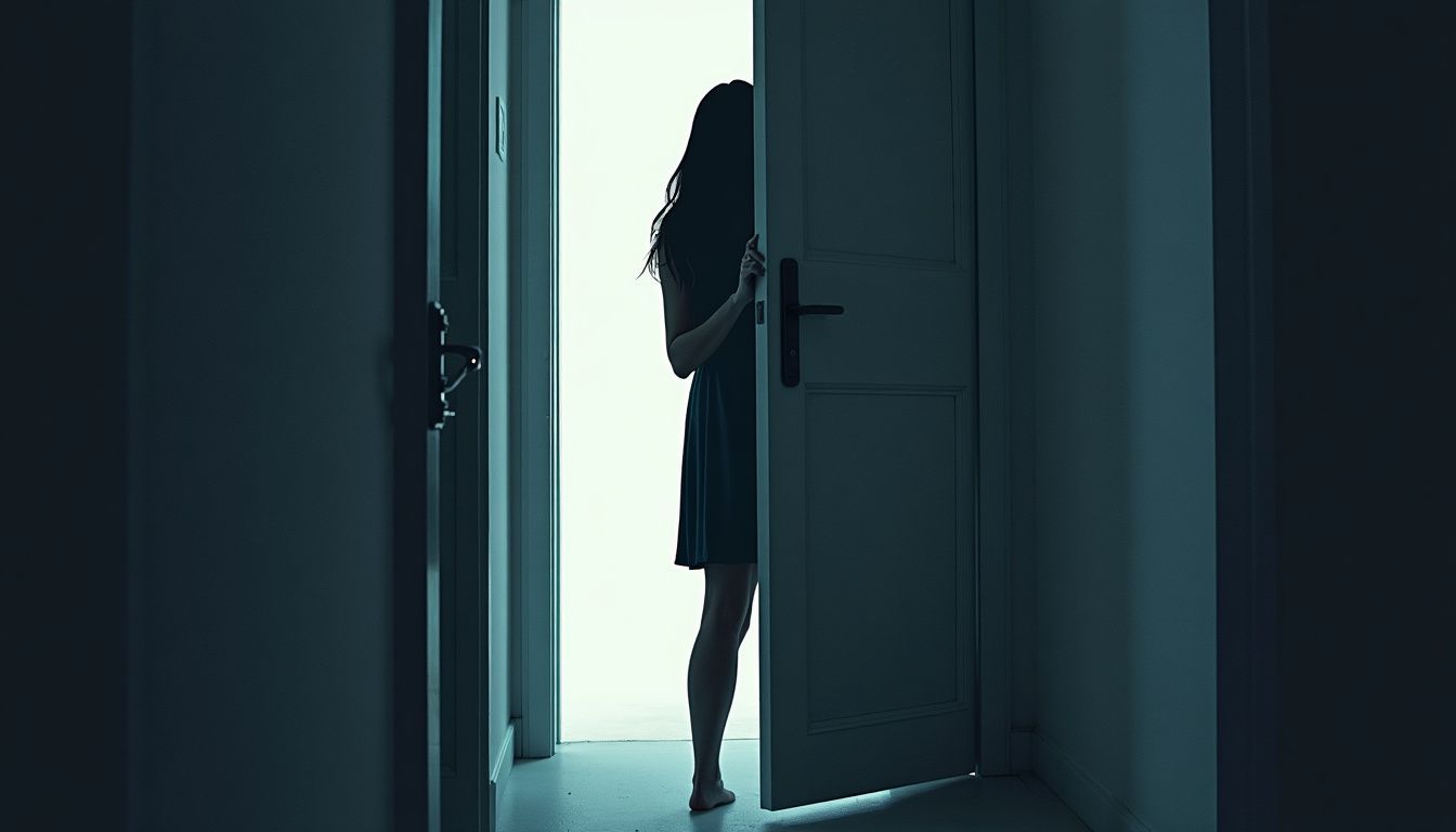 A shadowy figure is seen through a cracked door in a dimly lit hallway.