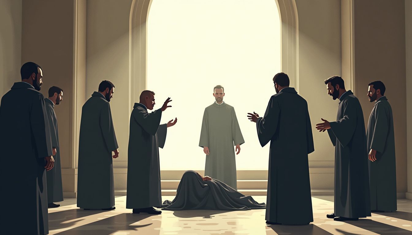 Several priests perform an exorcism ritual on a distressed individual.