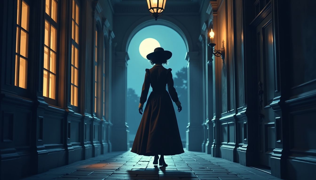 A shadowy figure walks through the dimly lit corridors of the historic Biltmore Estate at midnight.