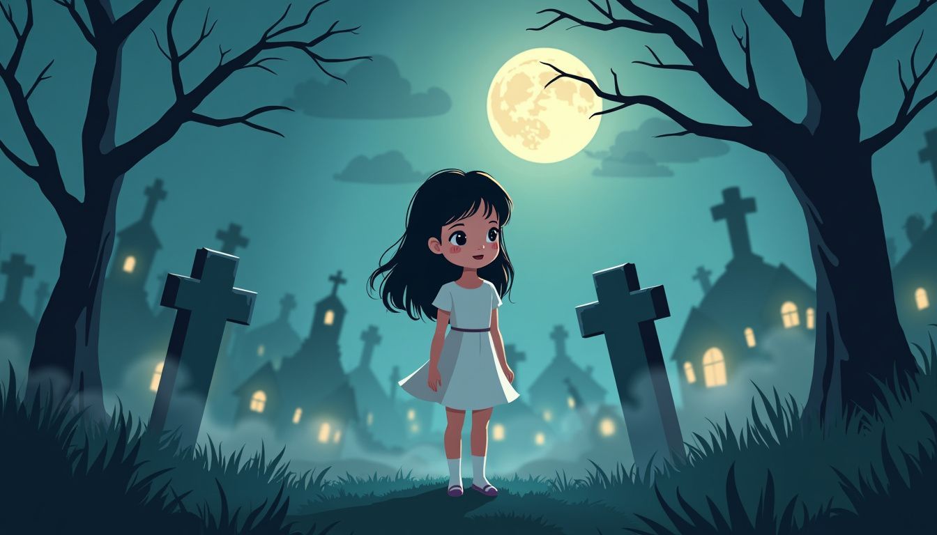 A young girl in a white dress standing in a spooky graveyard at night.