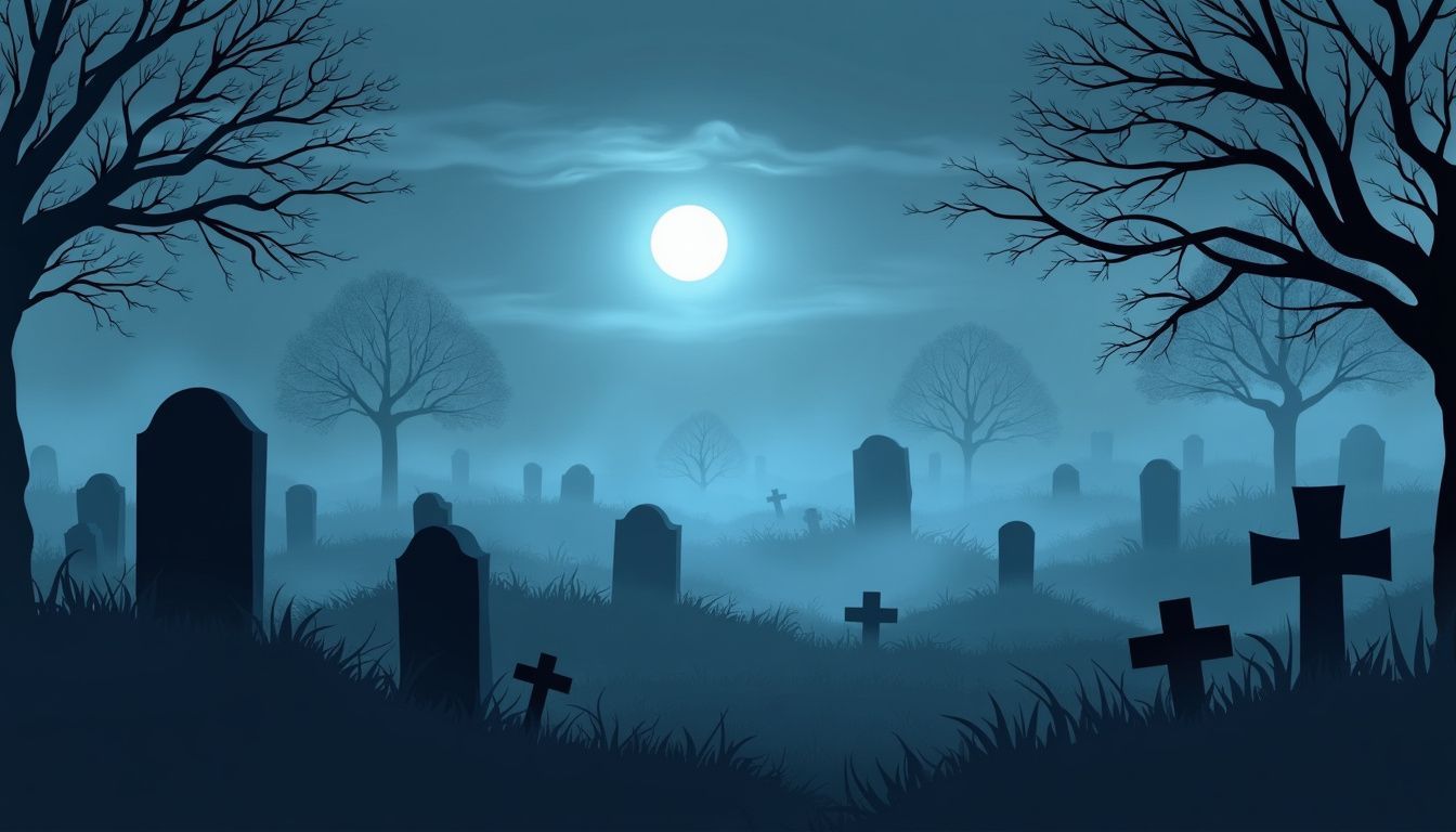 A spooky graveyard at night with fog, silhouetted gravestones, and moonlight.