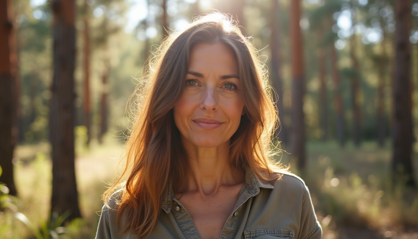 A woman stands in a eucalyptus forest, bathed in sunlight.