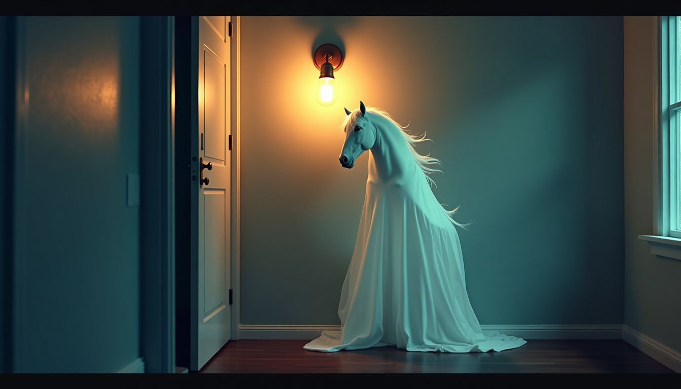 A ghostly mare hovers near a flickering light bulb in a dim room.