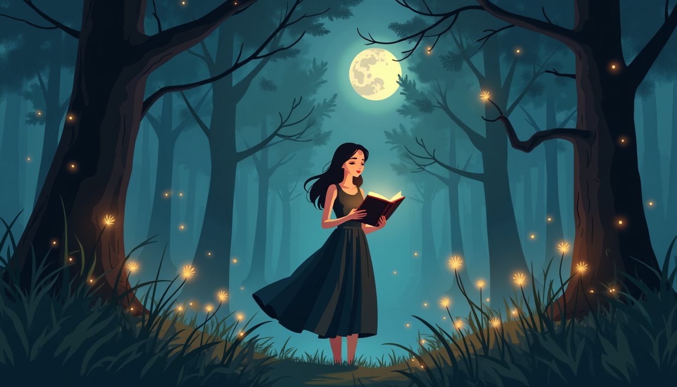 A woman in a black dress recites from an old book in a mystical forest.