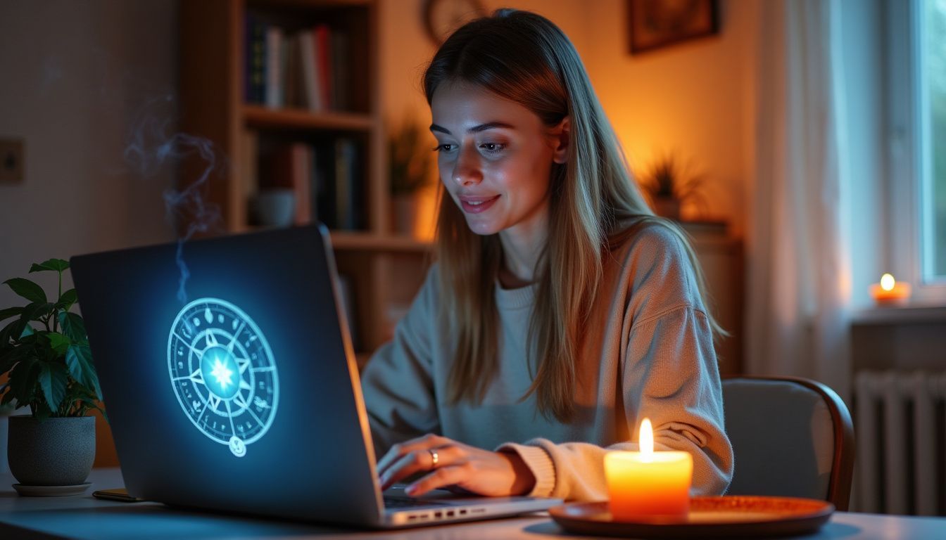 A woman using a virtual pendulum tool in a calm home setting.